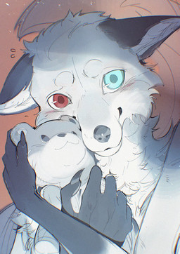 5_fingers ambiguous_gender anthro black_arms black_body black_claws black_ears black_fur blue_eyes blue_pupils blush bodily_fluids brown_background claws cuddling cuddling_plushie eyebrows finger_claws fingerpads fingers folded_ears fur grey_pawpads heterochromia holding_object holding_plushie hug hugging_object hugging_plushie inner_ear_fluff looking_at_viewer mouth_closed pawpads plushie pupils red_eyes red_pupils simple_background solo tail teardrop tears tuft white_body white_eyebrows white_fur white_inner_ear_fluff white_sclera chiayeeee canid canine fox mammal 2024 bust_portrait chromatic_aberration digital_drawing_(artwork) digital_media_(artwork) hi_res portrait