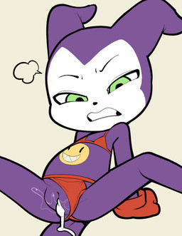 2_horns after_sex after_vaginal annoyed anthro arm_support bikini bikini_aside black_eyebrows black_nose bodily_fluids clenched_teeth clothing clothing_aside cum cum_from_vagina cum_in_vagina cum_inside cum_on_tail cum_string eyebrows female female_anthro flat_chested genital_fluids genitals gloves green_eyes handwear horn humanoid_genitalia humanoid_vulva leaning leaning_backward looking_down looking_down_at_self multicolored_body narrowed_eyes pupils purple_body purple_horn purple_tail red_bikini red_clothing red_gloves red_handwear red_swimwear simple_background sitting solo spread_legs spreading swimwear swimwear_aside tail tan_background teeth two-piece_swimsuit two_tone_body vulva white_body young young_anthro young_female itsunknownanon bandai_namco digimon digimon_(species) impmon hi_res