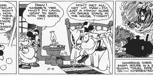 ambiguous_gender anthro beard broom cleaning_tool clothed clothing dialogue eyewear facial_hair female feral footwear glasses group half-closed_eyes hat headgear headwear inside male mature_female mature_male narrowed_eyes nightgown open_mouth overalls plant shoes smoking smoking_pipe text trio floyd_gottfredson hardie_gramatky disney public_domain marcus_mouse mrs._mouse amphibian frog mammal mouse murid murine rodent 1930 20th_century absurd_res ancient_art black_and_white english_text hi_res long_image monochrome signature wide_image