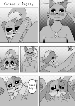 7_panel_comic anthro ball_lick balls big_penis black_eyes blush bodily_fluids cum cum_in_mouth cum_inside dialogue duo foreskin fur genital_fluids genitals greeting humanoid_genitalia humanoid_penis leaking_precum licking male male/male manga_style multicolored_body multicolored_fur oral oral_penetration orgasm orgasm_face penetration penis precum pupils sex text tongue tongue_out white_pupils murasakine_fox mob_entertainment poppy_playtime smiling_critters catnap_(poppy_playtime) dogday_(poppy_playtime) canid canine canis domestic_cat domestic_dog felid feline felis mammal black_and_white comic english_text hi_res japanese_text monochrome screentone
