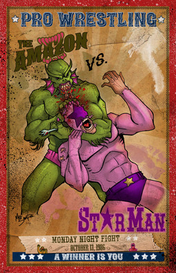 1980s_theme blood bodily_fluids brain brain_matter eating fangs fin gore green_body male organs pink_body poster teeth text wrestler wrestling_briefs mike_shampine pro_wrestling_(nes) starman_(pro_wrestling) the_amazon_(pro_wrestling) animal_humanoid aquatic aquatic_humanoid fish fish_humanoid human humanoid mammal english_text hi_res