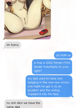 anthro chat female female_anthro genitals humor implied_incest message_box plot_twist profanity selfie solo tail text text_message texting vulva marsminer ferrari hot_wheels mattel ella_(glazetpf) felid leopard mammal pantherine english_text hi_res meme brother_(lore) brother_and_sister_(lore) incest_(lore) incestuous_temptation_(lore) sibling_(lore) sister_(lore)