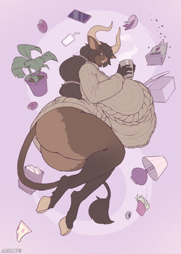 anthro big_breasts big_butt bottomless breasts butt clothed clothing female hooves horn huge_breasts huge_butt huge_thighs hyper hyper_breasts lying nipple_outline on_side solo sweater tail tail_tuft thick_thighs topwear topwear_only tuft casloafy melissa_(andrewhitebunny) bovid bovine mammal 2024 dated hi_res signature