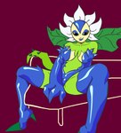 bedroom_eyes big_breasts breasts camel_toe clothed clothing curvy_figure cute_fangs fangs female flower looking_at_viewer narrowed_eyes not_furry plant seductive simple_background sitting smile solo spread_legs spreading sunflower teeth thick_thighs voluptuous wide_hips anonymous_artist bandai_namco digimon digimon_(species) elemental_creature elemental_humanoid flora_fauna flower_creature humanoid plant_humanoid sunflowmon digital_drawing_(artwork) digital_media_(artwork) hi_res