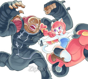 anthro clothed clothing cosplay duo female fur hair holding_object holding_weapon motorcycle red_hair simple_background tail vehicle weapon white_background white_body white_fur zipskyblue capcom resident_evil jill_valentine kyoko_(zipskyblue) nemesis_(resident_evil) felid feline mammal monster