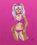 anthro breasts cleavage clothed clothing clothing_pull ear_piercing female footprint forehead_gem gem hair hand_on_hip heart_symbol jewelry markings navel panties panty_pull pawprint piercing pigtails pink_eyes pose skimpy solo swimwear tail underwear underwear_pull white_hair thumbclawz miya_(skimike) canid canine canis domestic_dog mammal