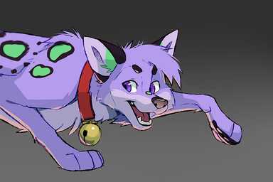 bell bell_collar black_eyebrows black_nose black_pawpads cheek_tuft collar collar_only eyebrows facial_tuft feral fur green_markings grey_background head_tuft looking_back male markings nude open_mouth pawpads purple_body purple_eyes purple_fur red_collar simple_background snout solo teeth tuft azzai canid canine felid hybrid leopard mammal pantherine 2020 3:2 cel_shading colored colored_sketch digital_drawing_(artwork) digital_media_(artwork) shaded sketch