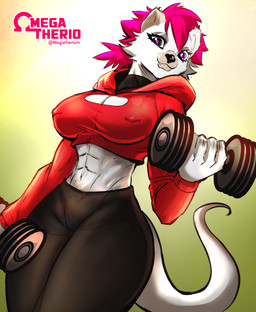 abs anthro athletic athletic_anthro athletic_female black_bottomwear black_clothing bottomwear breasts cleavage cleavage_cutout clothed clothing cutout exercise female fur hair holding_object hoodie midriff muscular muscular_female nipple_outline nipple_piercing nipples piercing piercing_outline pink_hair red_clothing red_hoodie red_topwear solo tail topwear white_body white_fur white_tail workout omegatherio mammal 2022 hi_res