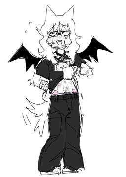 anthro black_bottomwear black_clothing black_pants black_shirt black_t-shirt black_topwear black_wings blush blush_lines bone_tag bottomwear clothed clothing clothing_lift diaper diaper_peekage diaper_under_clothing embarrassed eyewear female floating_wings glasses hair long_hair motion_lines open_mouth pants shirt shirt_lift solo t-shirt tail tail_motion tailwag topwear unusual_anatomy unusual_wings wearing_diaper wearing_glasses wings wristband bravobunny bravo_(bravobunny) canid canine canis mammal wolf 2024 digital_drawing_(artwork) digital_media_(artwork) hi_res trans_(lore) trans_woman_(lore)