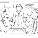 1:1 anthro avian balls black_and_white clothed clothed/nude clothed_male clothing coffee_cup comic container cup dialogue dragon ears_down embarrassed english_text fully_clothed fuze fuzedragon genitals group half-erect hi_res holding_coffee_cup holding_container holding_cup holding_object humanoid_genitalia humanoid_penis lanyard male mammal monochrome mythological_creature mythological_scalie mythology navel necktie nipples nude penis pivoted_ears pubes scalie text trio