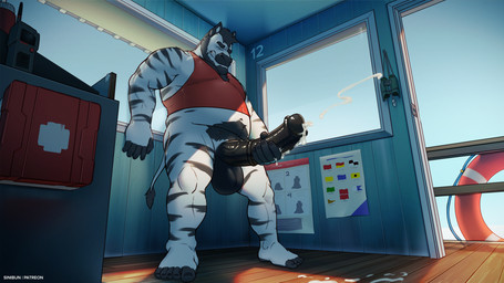 animal_genitalia animal_penis anthro balls beard belly big_penis black_body black_fur black_hair black_penis bodily_fluids body_hair bottomless bottomless_anthro bottomless_male chest_hair clothed clothing cum cum_on_ground cumshot detailed_background ejaculation equine_genitalia equine_penis erection eyes_closed facial_hair fur genital_fluids genitals hair lifeguard male male_anthro masturbation medial_ring musclegut muscular muscular_anthro muscular_male nipples overweight overweight_anthro overweight_male partially_clothed partially_clothed_anthro partially_clothed_male penis solo standing striped_body striped_fur stripes vein veiny_penis white_body white_fur sinibun_95 gray_(averagezebraboy) equid equine mammal zebra 2022 hi_res