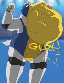 death defeated digestion fatal fatal_vore male male/male oral_vore vore wrestling_gear sussynny avery_standish neptune_mereaux avian bird bluebird eastern_bluebird oscine passerine pelecaniform pelican thrush_(bird) absurd_res hi_res
