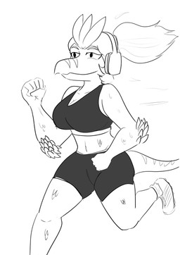 anthro big_breasts bottomwear bra breasts clothing curvy_figure elbow_feathers electronics exercise exercise_clothing eyelashes feathers female footwear hair headphones long_hair navel ponytail running shoes shorts smile sneakers snout solo sports_bra thick_thighs underwear voluptuous voluptuous_anthro voluptuous_female wide_hipped_anthro wide_hipped_female wide_hips arsenic_iii cavemanon_studios i_wani_hug_that_gator victoria_(iwhtg) dinosaur dromaeosaurid feathered_dinosaur feathered_scalie prehistoric_species reptile scalie theropod velociraptor 2025 hi_res monochrome