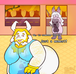 anthro arm_hair aroused balls big_balls big_breasts big_butt blonde_hair bodily_fluids body_hair breasts building butt butt_hair chest_hair clothed clothing comic_panel dialogue door duo ears_up erection excited floor fur genitals gloves gynomorph gynomorph/male hair hairy handwear horn huge_breasts huge_butt imminent_sex intersex intersex/male king long_hair looking_back male moobs nipples open_door open_mouth overweight overweight_anthro overweight_male partially_clothed pink_body plant red_eyes road royalty scientific_instrument slightly_chubby store street surprised sweat sweatdrop text thermometer translucent translucent_clothing tree unexpected white_hair window yellow_body yellow_fur digitalkibou deltarune undertale_(series) asgore_dreemurr kibou_(digitalkibou) bovid caprine goat lagomorph leporid mammal rabbit hi_res