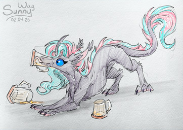 alcohol beer beverage claws container cup fangs female feral fluffy fur fya holidays horn licking mug paws silly teeth tongue tongue_out sunny_way april_fools'_day ki'rinaes hi_res