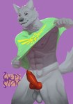 abs animal_genitalia animal_penis anthro balls blue_eyes canine_genitalia canine_penis clothing fur genitals green_clothing green_shirt green_topwear grey_body grey_fur holding_clothing holding_object holding_shirt holding_topwear hyrule logo looking_at_viewer male penis shirt simple_background smile smiling_at_viewer solo tail topwear twunk wept_mac sean_(rez) canid canine canis mammal wolf absurd_res hi_res