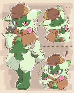 ambiguous_gender anthro claws clothing ellipsis exclamation_point eyes_closed fangs fur green_body green_fur hand_on_hip hat headgear headwear open_mouth pawpads paws pink_eyes simple_background smoking_pipe solo tail teeth thinking tongue nekogyo122 nintendo pokemon felid feline floragato generation_9_pokemon mammal pokemon_(species) 2023 4:5 absurd_res hi_res