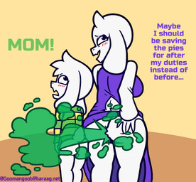 angry anthro ass_to_ass backsack balls bashful big_butt blush blush_lines bottomless bottomless_anthro bottomless_male butt butt_grab butt_squish clothed clothing dialogue dress dress_up duo embarrassed exclamation_point exposed_butt fart fart_cloud fart_fetish female female_farting floppy_ears fur genitals green_clothing green_fart_cloud green_shirt green_topwear hand_on_butt hand_on_own_butt horn long_ears long_sleeves looking_away male multicolored_clothing multicolored_shirt multicolored_topwear pattern_clothing pattern_shirt pattern_topwear pulling_shirt_down purple_clothing purple_dress purple_eyelids raised_tail rear_view scut_tail shirt short_tail simple_background smile squish striped_clothing striped_shirt striped_topwear stripes tail talking_to_another text topwear two_tone_clothing two_tone_shirt two_tone_topwear white_body white_fur white_horn white_sleeves white_tail yelling yellow_clothing yellow_shirt yellow_topwear young young_anthro young_male goomangoob undertale undertale_(series) asriel_dreemurr toriel bovid caprine goat mammal 2025 absurd_res artist_name english_text hi_res url mother_(lore) mother_and_child_(lore) mother_and_son_(lore) parent_(lore) parent_and_child_(lore) parent_and_son_(lore) son_(lore)