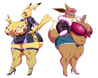 animal_ears anthro big_breasts biped breasts cleavage clothed clothing ear_piercing eyelashes female fingers footwear genitals hand_on_hip high_heels no_underwear overweight piercing pupils shoes simple_background standing tail thick_thighs three-quarter_view vulva white_background crovirus nintendo pokemon chuchu_(dragoon-rekka) eve_(dragoon-rekka) eevee generation_1_pokemon pikachu pokemon_(species) absurd_res hi_res