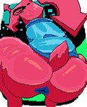 ambiguous_gender anus armless big_butt blue_anus blue_clothing blue_topwear bottomless butt city city_background clothed clothing crouching glistening glistening_butt glistening_thighs looking_at_viewer looking_back looking_back_at_viewer open_mouth open_smile pink_body pink_butt pink_tail short_tail smile solo spiral_eyes tail thick_thighs topwear wide_hips eocvevo deltarune undertale_(series) darkner virovirokun 2023 aliasing binary_drawing digital_drawing_(artwork) digital_media_(artwork) hi_res shaded