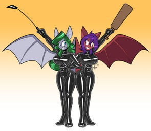 anthro big_breasts black_bodysuit black_clothing black_latex black_skinsuit blue_eyes bodysuit breasts clothed clothed_anthro clothed_female clothing duo female green_hair grey_body hair latex latex_bodysuit latex_clothing latex_skinsuit long_hair membrane_(anatomy) membranous_wings paddle purple_hair red_body red_eyes riding_crop skinsuit tight_clothing whip wings lettuce_(artist) brem_(bremfur) shotty_the_fruit_bat bat mammal megabat 2025 absurd_res hi_res