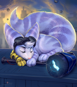 cybernetic_arm cybernetic_limb eyebrows eyes_closed eyewear eyewear_on_head female feral feralized fur goggles goggles_on_head hair pink_nose prosthetic prosthetic_limb sleeping smile solo striped_body striped_fur stripes weapon viwrastupr ratchet_and_clank sony_corporation sony_interactive_entertainment rivet_(ratchet_and_clank) lombax mammal 2020 hi_res