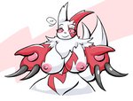 anthro areola big_breasts breasts claws eyelashes female fur looking_at_viewer markings nipples nude red_eyes red_markings simple_background smile solo thick_thighs white_body white_fur mdjoe nintendo pokemon generation_3_pokemon mammal pokemon_(species) zangoose 2020 digital_drawing_(artwork) digital_media_(artwork) signature