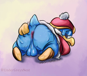 anthro anus balls balls_on_ground beak bedroom_eyes big_butt blue_body blue_feathers butt butt_focus clothed clothing feathers footwear genitals gloves gradient_background half-closed_eyes handwear headgear headwear inviting_to_sex looking_back lying male narrowed_eyes on_front overweight overweight_male presenting presenting_hindquarters raised_tail red_clothing red_headwear red_helmet robe seductive shoes simple_background solo spread_butt spreading tail tail_tuft tuft yellow_beak yellow_clothing yellow_footwear yellow_gloves yellow_handwear yellow_shoes undergreysnest kirby_(series) nintendo king_dedede avian bird penguin colored shaded signature watermark