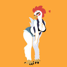 anthro beak bottomwear breasts clothing eyelashes female fur grin orange_background shorts simple_background smile solo tail thick_thighs white_body white_fur vasdocor_09 avian bird chicken galliform gallus_(genus) phasianid absurd_res digital_media_(artwork) hi_res lineless