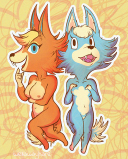 anthro big_breasts breasts chibi duo female female/female looking_at_viewer nipples shortstack small_breasts smile toony wellawayhare animal_crossing nintendo audie_(animal_crossing) skye_(animal_crossing) canid canine canis coyote mammal wolf hi_res