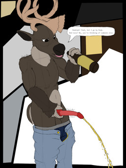 animal_genitalia animal_penis anthro bodily_fluids bottomwear bottomwear_down brown_body brown_fur cabin cervine_genitalia cervine_penis clothed clothing denim denim_bottomwear denim_clothing fur genital_fluids genitals jeans male night outside pants pants_down partially_clothed peeing peeing_on_ground penis red_penis snow solo topless topless_male urine urine_on_ground pencilsdgr deer mammal new_world_deer reindeer 2025 3:4 digital_media_(artwork) hi_res