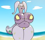 2021 antennae_(anatomy) anthro anthrofied areola areola_slip beach belly big_breasts bikini breasts camel_toe cleavage clothed clothing cloud curled_tail dragon female front_view generation_6_pokemon goodra green_eyes hands_behind_back horn_e_bastard huge_breasts long_neck looking_at_viewer micro_bikini mythological_creature mythological_scalie mythology navel nintendo nipple_outline open_mouth open_smile overweight overweight_anthro overweight_female pokemon pokemon_(species) portrait purple_areola purple_body sand scalie sea seaside skimpy sky slightly_chubby slightly_chubby_anthro slightly_chubby_female slime smile solo standing swimwear tail thick_thighs three-quarter_portrait tight_clothing under_boob water