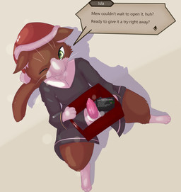 animal_genitalia animal_penis bodily_fluids christmas_clothing christmas_headwear clothing dick_in_a_box erection feline_genitalia feline_penis genital_fluids genitals green_eyes hat headgear headwear holidays humor kemono letter looking_at_viewer male penile_spines penis precum precum_on_own_penis presenting presenting_penis pun robe santa_hat semi-anthro sheath solo speech_bubble talking_to_viewer text renyci christmas octopath_traveler octopath_traveler:_champions_of_the_continent square_enix cait isla_(octopath_traveler:_cotc) domestic_cat felid feline felis mammal hi_res