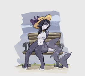 anthro armless bell bell_collar bench black_hair braided_hair breasts clothing collar female grey_body hair hat hat_only headgear headgear_only headwear headwear_only implied_transformation missing_all_arms mostly_nude navel nipple_piercing nipples on_bench piercing sitting sitting_on_bench smile solo sun_hat tail thick_thighs wide_hips anthromage anna_magenta aquatic fish shark 2026 digital_media_(artwork) hi_res