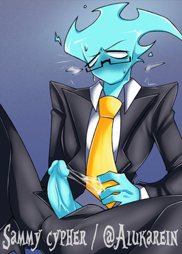 accessory balls_outline blue_penis bodily_fluids bulge clothed clothing cum detailed_bulge eyewear fire genital_fluids genital_outline genitals glasses heart_symbol male necktie orgasm_face pattern_background penis simple_background solo suit username yellow_necktie sammy_cypher fan_character solazar_(sugarratio) elemental_creature elemental_humanoid fire_creature fire_humanoid humanoid solarisapien_(sugarratio) digital_media_(artwork) hi_res signature