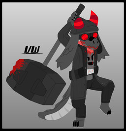 3_toes action_pose ambiguous_gender anthro bandage bandage_wraps belt black_claws blood blood_on_clothing blood_on_face blood_on_mouth blood_on_object blood_on_weapon blood_splatter bodily_fluids bottomwear claw_fingers claws clothed clothing coat eyewear eyewear_on_head feet fingers goggles goggles_on_head grey_body hammer holding_object holding_weapon horn layered_clothing open_clothing open_coat open_topwear pants pose red_horn scaile scales scaly_tail shirt simple_background sledgehammer solo stained_clothing striped_horn stripes t-shirt tail toe_claws toes tools topwear trenchcoat weapon neverd atlyss madness_combat mythology hank_j._wimbleton dragon kobold kubold_(atlyss) mythological_creature mythological_scalie reptile scalie crossover digital_media_(artwork) tagme