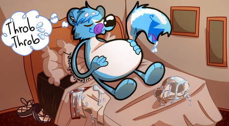 after_vore anthro aroused bodily_fluids bone cat_skull digestion drooling fatal_vore holding_stomach hotel_room living_tail male male_pred multi_mouth overweight overweight_anthro overweight_male post_vore_weight_gain saliva saliva_on_object skull solo tail tail_mouth unusual_anatomy unusual_tail vore weight_gain iamtoonenough sunny_(mudcakebunnelby) felid feline mammal mephitid skunk hi_res