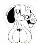 anthro big_butt butt dialogue female floppy_ears looking_at_viewer mousepad_design nude open_mouth short_stack simple_background smile solo text thick_thighs tongue white_background joaoppereiraus nintendo nintendo_switch switch_dog switchy_(joaoppereiraus) animate_inanimate canid mammal english_text hi_res monochrome