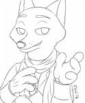 anthro bandolier clothed clothing cosplay gesture gloves half-closed_eyes handwear male narrowed_eyes parody scarf simple_background smile smirk solo white_background tggeko disney konami metal_gear zootopia nick_wilde revolver_ocelot canid canine fox mammal red_fox true_fox 2016 black_and_white bust_portrait crossover hi_res meme monochrome portrait signature