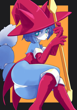 anthro armwear blue_body blue_butt blue_fur blue_hair blue_tail butt clothed clothing featureless_crotch female footwear fur hair hat headgear headwear looking_at_viewer no_underwear tail white_butt witch_costume witch_hat unousaya nintendo star_fox krystal_(star_fox) canid canine fox mammal 2023