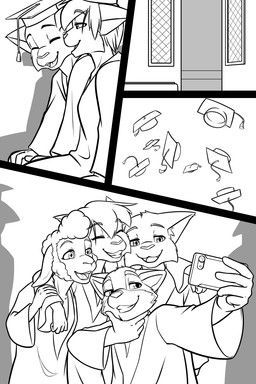 adolescent anthro bangs chair clothed clothing eyes_closed female furniture graduation graduation_cap graduation_gown graduation_robe grin group happy lidded_eyes male open_mouth selfie smile young young_female young_male black-kitten morissa_(black-kitten) sebastien_(black-kitten) serah_(black-kitten) toby_(black-kitten) bovid canid canine canis caprine felid feline lynx mammal procyonid raccoon sheep 2025 2:3 black_and_white comic hi_res monochrome multiple_scenes textless brother_(lore) brother_and_sister_(lore) sibling_(lore) sister_(lore)