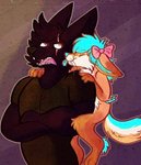 accessory anthro bow_ribbon bow_tie duo femboy hair_accessory hair_bow hair_ribbon larger_anthro larger_male male petting ribbons size_difference smaller_anthro smaller_male sticker tail tongue tongue_out henryjdoe toby_fennec canid canine fennec_fox fox mammal true_fox low_res