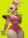 anthro blue_eyes bow_ribbon breasts eyeshadow female makeup non-mammal_breasts simple_background solo thick_thighs white_body wide_hips yellow_background pamaht9 five_nights_at_freddy's five_nights_at_freddy's:_security_breach scottgames steel_wool_studios glamrock_chica avian bird chicken galliform gallus_(genus) phasianid hi_res signature spanish_description