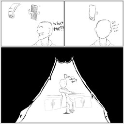 anthro border clothed clothing coat dialogue duo faceless_character female fur genitals grey_border lab_coat low-angle_view male male/female not_furry_focus nude open_mouth rear_view silhouette simple_background speech_bubble text topwear vulva luckyhomie mythology doc_(luckyhomie) rookie_(luckyhomie) canid canine human mammal mythological_canine mythological_creature werecanid werecanine werecreature werewolf 1:1 comic hi_res monochrome