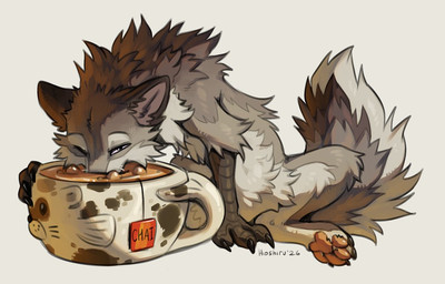 claws countershade_torso countershading drinking feet female feral front_view fur inner_ear_fluff looking_at_viewer paws scutes simple_background sitting solo tail toes tuft hioshiru hioshiru_(character) enfield 2026 digital_drawing_(artwork) digital_media_(artwork)
