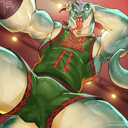 anthro athletic_wear basketball_jersey bottomwear bulge claws clothing facial_piercing forked_tongue front_view green_body green_scales gym_bottomwear gym_shorts lip_piercing long_tongue male nose_piercing nose_ring piercing ring_piercing scales septum_piercing septum_ring shirt shorts solo tail tank_top thick_tail tongue tongue_out tongue_piercing topwear bonfiredemon goat_(movie) sony_corporation sony_pictures modo_olachenko komodo_dragon lizard monitor_lizard reptile scalie 1:1 hi_res