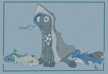 bedding blanket dialogue feral hair hooves horn kerchief looking_at_viewer male neckerchief neckwear plushie simple_background sitting solo tail text stray_prey hasbro ikea my_little_pony mythology blahaj fan_character lucent_(oc) aquatic equid equine fish horse mammal mythological_creature mythological_equine pony shark unicorn 2025 digital_drawing_(artwork) digital_media_(artwork) english_text hi_res