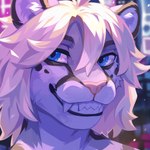 ambiguous_gender anthro blue_eyes blurred_background fangs front_view fur grey_body grey_fur grin hair pink_nose short_hair smile solo teeth white_body white_fur white_hair corzh77 felid mammal 1:1 bust_portrait hi_res portrait