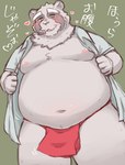 anthro asian_clothing blush clothing east_asian_clothing fundoshi japanese_clothing kemono male mature_male moobs nipples overweight overweight_male red_clothing red_fundoshi red_underwear simple_background solo text underwear one_oneyyy canid canine mammal raccoon_dog tanuki 2024 absurd_res hi_res japanese_text