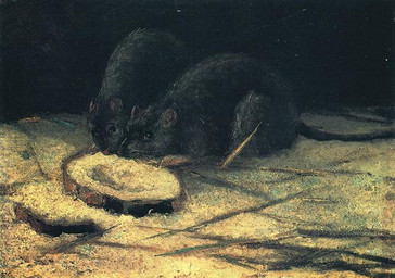 ambiguous_gender bread bread_slice dark duo eating eating_food feral food fur grey_body grey_fur standing stone_floor tail whiskers vincent_van_gogh mammal murid murine rat rodent 1884 19th_century ancient_art english_description oil_painting_(artwork) painting_(artwork) traditional_media_(artwork) traditional_painting_(artwork)